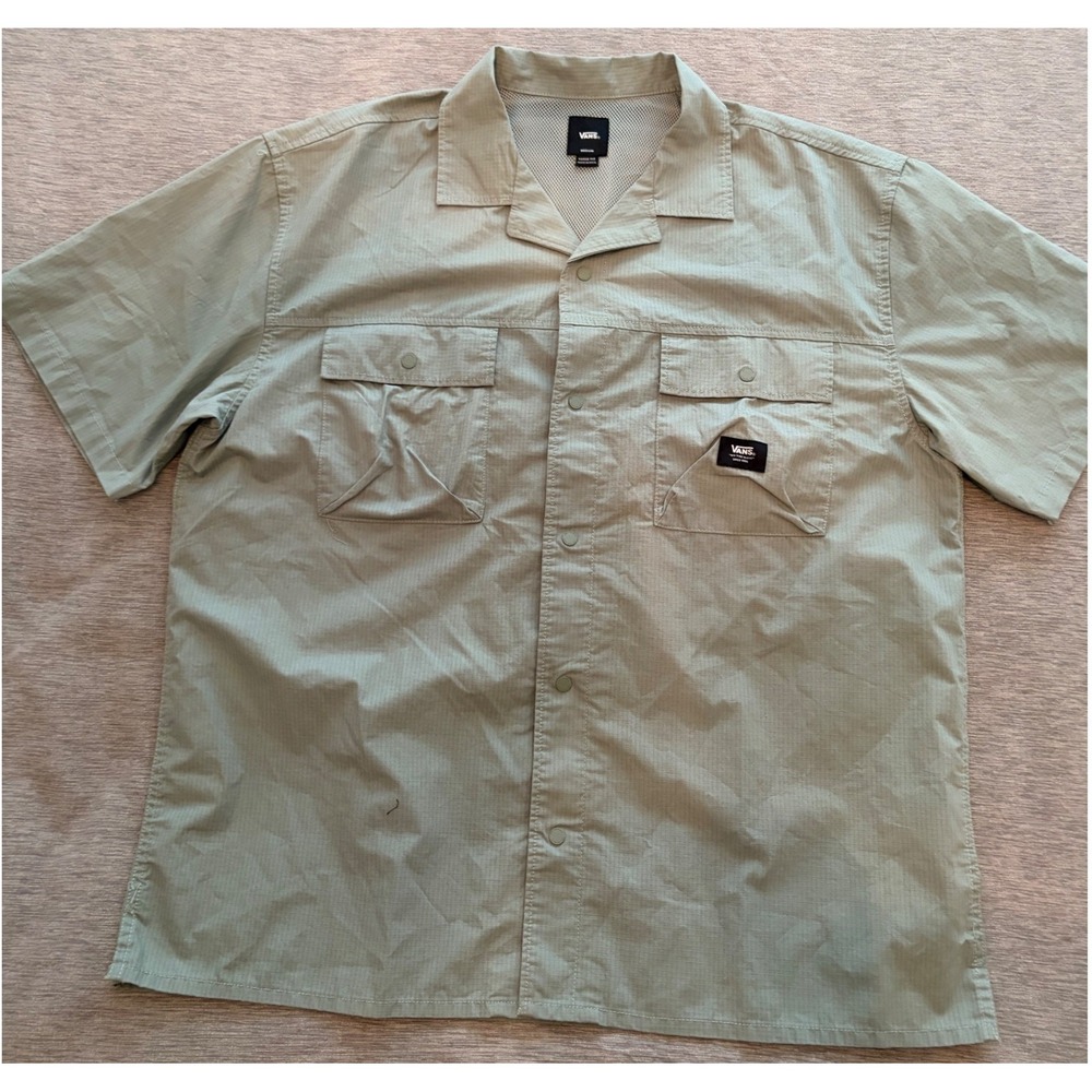 Vans Mens Short Sleeve Ripstop Button Down Shirt Sage Green Loose Fit Medium